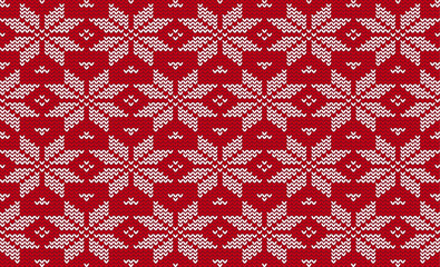 Vector Flower Knitted Pattern Red And White, Festive Sweater Design. Seamless Knitted Pattern - obrazy, fototapety, plakaty