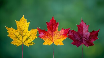 Fototapeta premium Three colored leaves on a stick