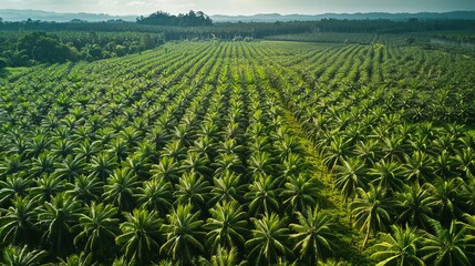 aerial view panorama of a vast oil palm plantation, emphasizing the orderly patterns of the palm trees and the contrast between the lush green of the palm leaves and the surrounding terrain. 