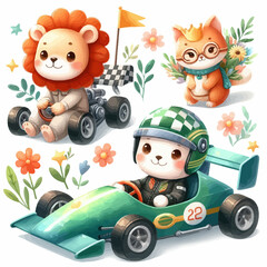 Obraz na płótnie Canvas Animal Racer Clipart Bundle, Race Car PNG, Racing Clip Art, Kids Clipart, Cute Baby Animals, Boy Nursery