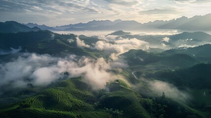 Landscape photography, spring, Wuyi Mountains, China, tea plantations, clouds