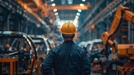 A man in a hard hat standing in a factory looking at the production line. - obrazy, fototapety, plakaty