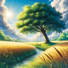  tree in a open field anime style day light natural beauty