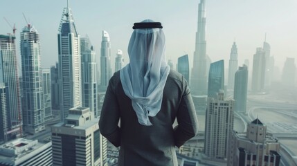 A man in a traditional Emirati headdress stands on a rooftop in Dubai, looking out at the city's skyline. - obrazy, fototapety, plakaty