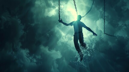 A man is drowning in the sky while being pulled up by chains. - obrazy, fototapety, plakaty