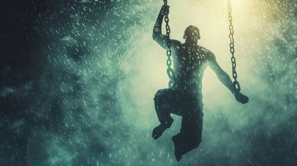 A man is hanging from chains in the rain.