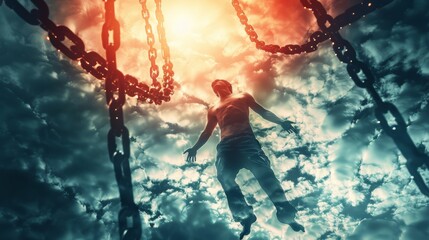 A man is suspended in mid-air by chains. - obrazy, fototapety, plakaty