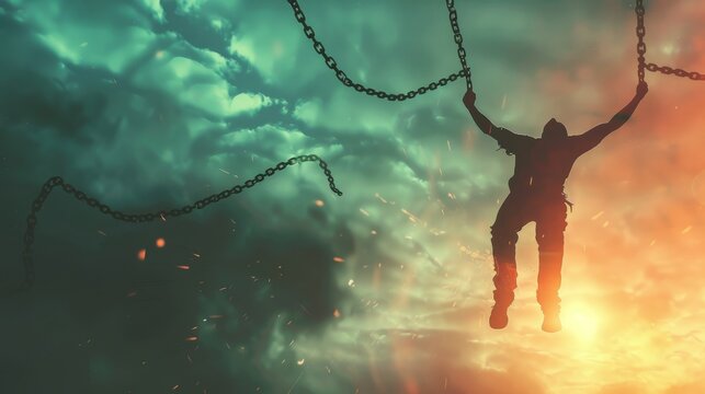 A man is hanging from chains in front of an ominous sky.