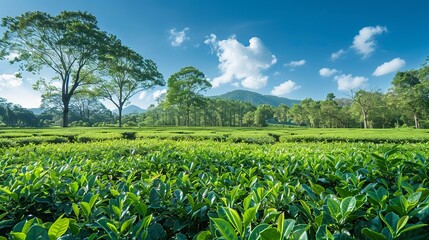 Fototapeta na wymiar tea garden with bright blue sky