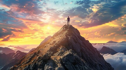 A man stands on top of a mountain and looks at the sunset. - obrazy, fototapety, plakaty