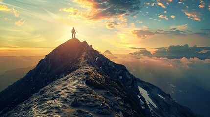 A man stands on a mountaintop overlooking a beautiful landscape. - obrazy, fototapety, plakaty