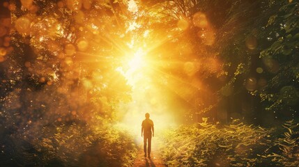 A man walking down a forest path towards a bright light.