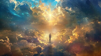 A man walking through the clouds towards a bright light.