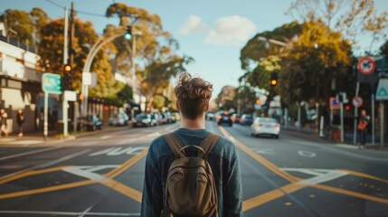 A man with a backpack is standing in the middle of a busy city street, looking at the traffic. - obrazy, fototapety, plakaty