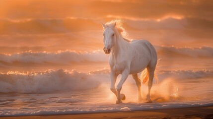 Obraz na płótnie Canvas Majestic White Horse Galloping on Beach with Waves at Sunrise
