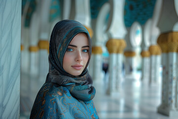 Portrait of an amazing Arab young woman in hijab standing on a sunny street in the city. Close-up of a Muslim girl with beautiful eyes looking at the camera.
