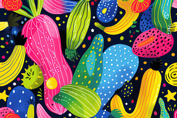 Modern abstract background in bright color. Bright abstract shapes. Cartoon exotic fruits, plants and flowers. African motifs