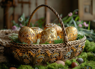 Easter eggs painted in a basket on green grass