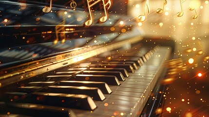 A piano with a beautiful golden glow and musical notes. - obrazy, fototapety, plakaty