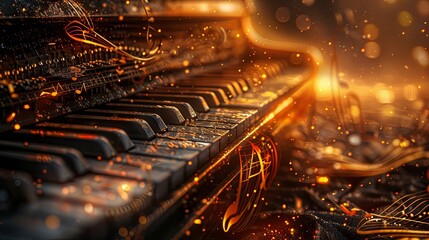 Fototapeta na wymiar A piano with glowing orange and yellow keys.
