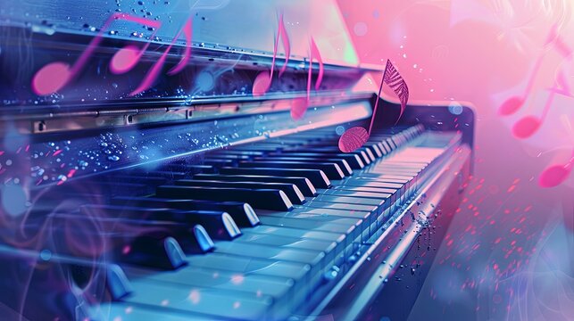 A piano with blue and pink lights and musical notes.