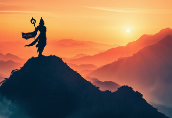 Watercolor illustration of a strong hanuman silhouette on mountain top