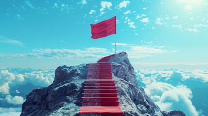 A red flag planted on top of a rocky mountain peak with a red carpet leading up to it.