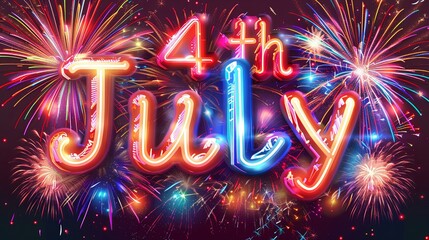 Neon fireworks spelling '4th July', Independence Day concept .