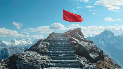 A red flag planted on top of a rocky mountain peak with a stone staircase leading up to it.