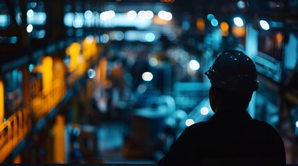 A silhouette of an industrial worker wearing a hard hat looking out over a plant at night.