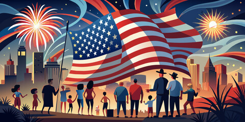 Silhouettes against US flag and fireworks, July 4th concept, on white background.