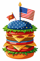 Cartoon burger with US flag, July 4th theme, on white background, vertical composition
