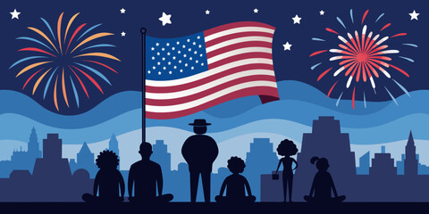 Family silhouette with fireworks and flag, July 4th concept, on dark blue  background
