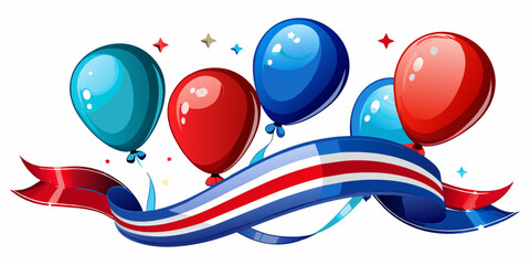 Red and blue Balloons and ribbon, July 4th theme, on white background