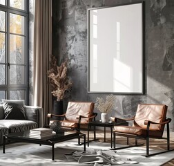 Mockup poster frame presented within the modern interior's grey room, adorned with subtle brown decoration. Presented in 3D render. Made with generative AI technology