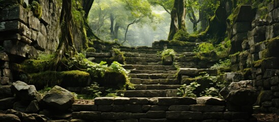 Stone stairs in a Japanese garden with green moss and ferns