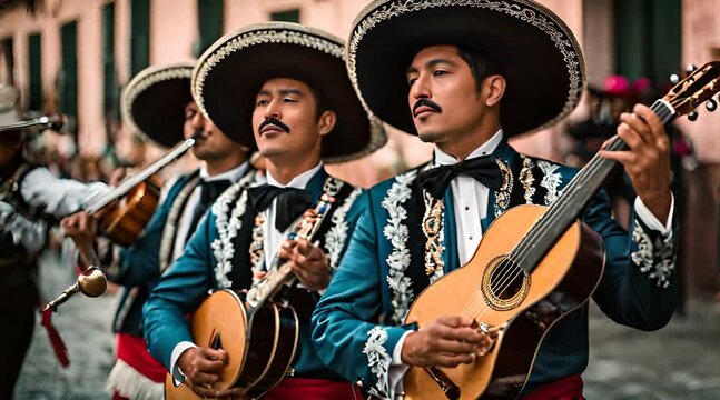 Vibrant Melodies Mexican Musicians in a Mariachi Band Performing a Street Concert