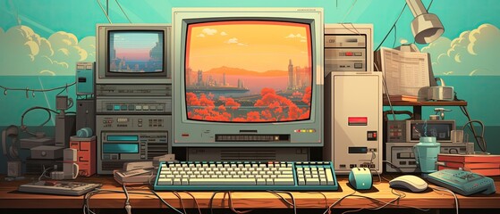 Brightly colored illustration of a vintage desktop computer setup, complete with a CRT monitor and floppy disks, ideal for a nostalgic technology theme - obrazy, fototapety, plakaty