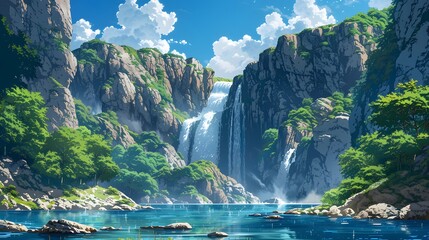Enchanting illustration of a majestic waterfall cascading from a lofty cliff in Japanese anime style, under the canopy of fluffy clouds and clear blue skies