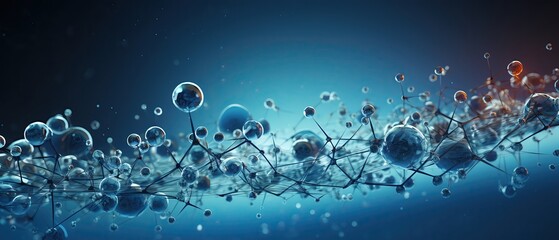 Detailed panoramic illustration of various molecules floating in a simulated environment, highlighting different types such as water, oxygen, and carbon dioxide