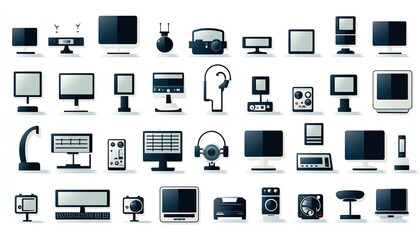 Series of minimalist computer and accessory icons in a flat design style, including a keyboard, mouse, printer, and webcam, versatile for all types of digital applications