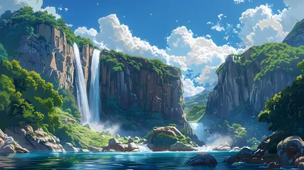 Fotobehang Captivating illustration of a cascading waterfall flowing from a high cliff in Japanese anime theme, under the canopy of drifting clouds and clear blue skies © artestdrawing