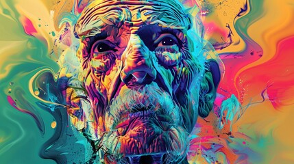 a striking popup poster showcasing the character of an elderly man through vibrant digital art. Captivate with colorful tones and intricate details