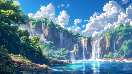 Captivating depiction of a waterfall cascading from a lofty cliff in Japanese anime style, against the canvas of drifting clouds and vibrant blue skies