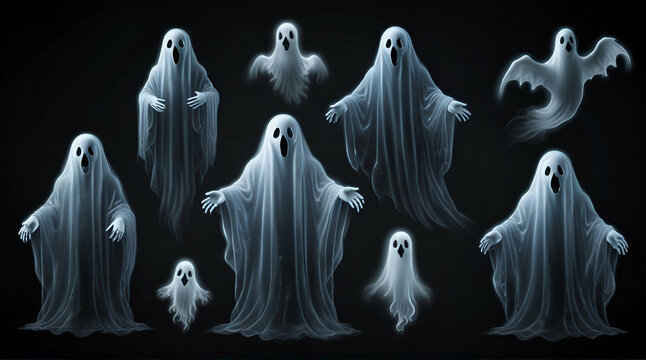 Set of realistic ghosts isolated on transparent. Vector illustration of 3d symbols of halloween. Generative.AI
