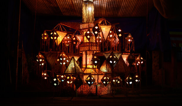 Vesak lanterns, motorised rotating vesak lantern group. Sri lankan Vesak festival celebrations.