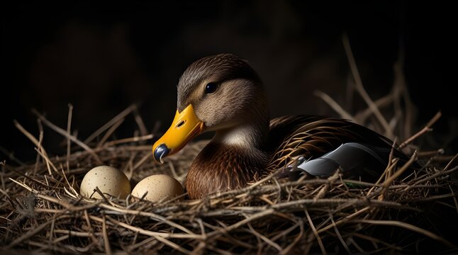 wild duck hatches eggs in a nest photo in a dark key.generative.ai 