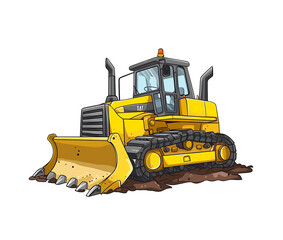 vector illustration of a yellow bulldozer with a large front blade and caterpillar tracks. Generative AI