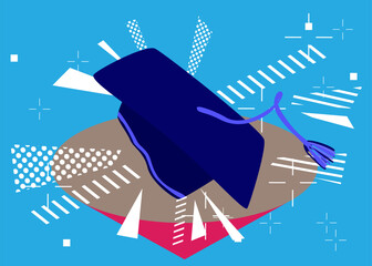 Graduation cap geometrical graphic retro theme background. Minimal geometric elements. Vintage abstract shapes vector illustration.