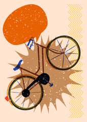 Risograph bicycle with speech bubble with geometric shapes. Objects in trendy riso graph print texture style design with geometry elements.